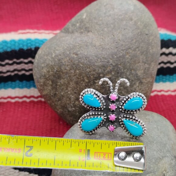 Southwest Butterfly Ring Sterling Silver Turquoise Purple Spiny Oyster Size 8 - Picture 3 of 7